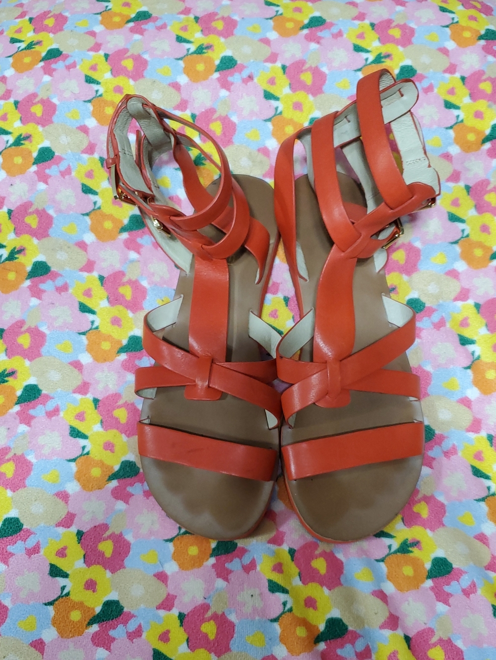 michael kors women's red/orange leather strappy gladiator sandals, size 9